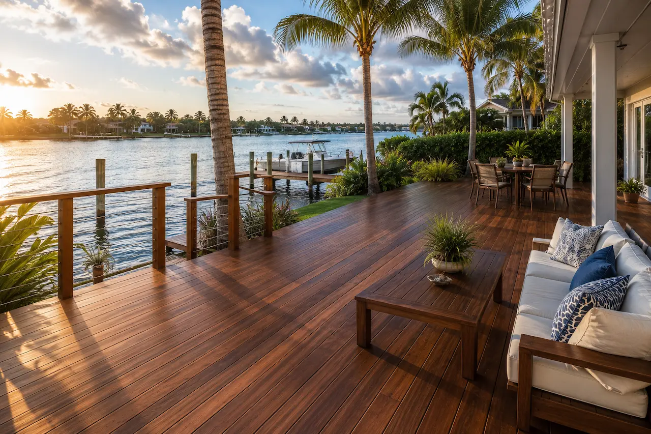 Ipe hardwood decking installed around a Florida pool